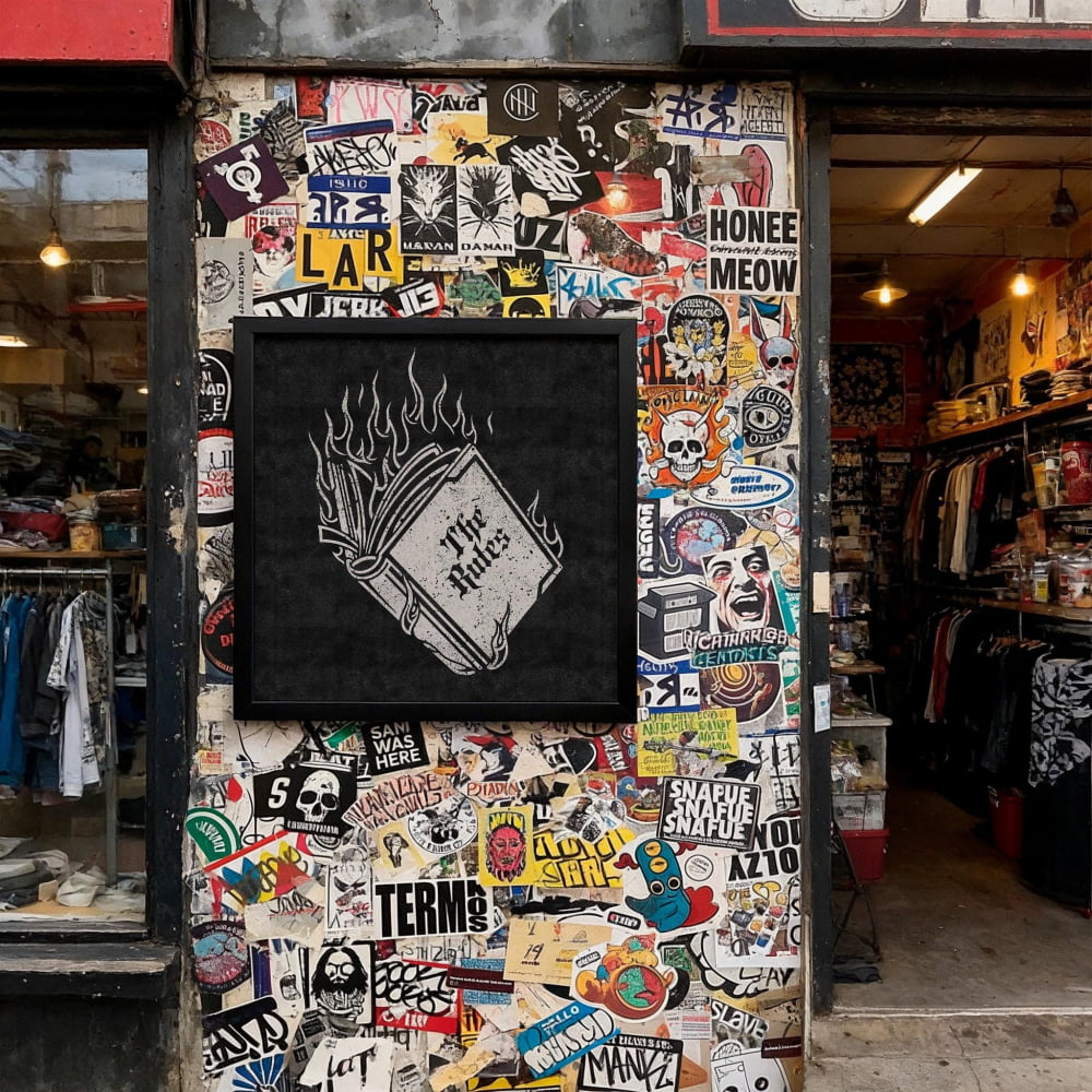 The image is a wall covered in a collage of various stickers, posters, and graffiti, creating a visually busy and eclectic appearance.