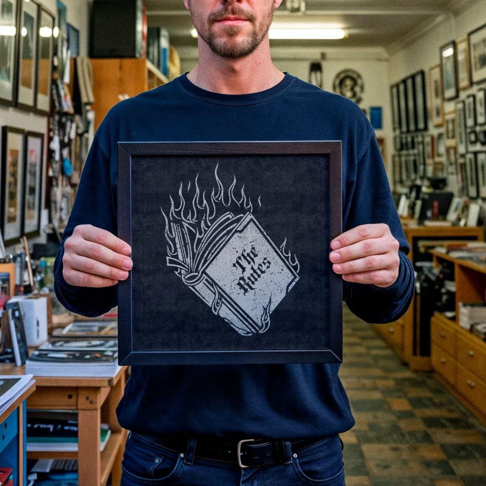 A man stands in front of a store called "Cracked Tooth Studio", holding a framed artwork with a flame design.