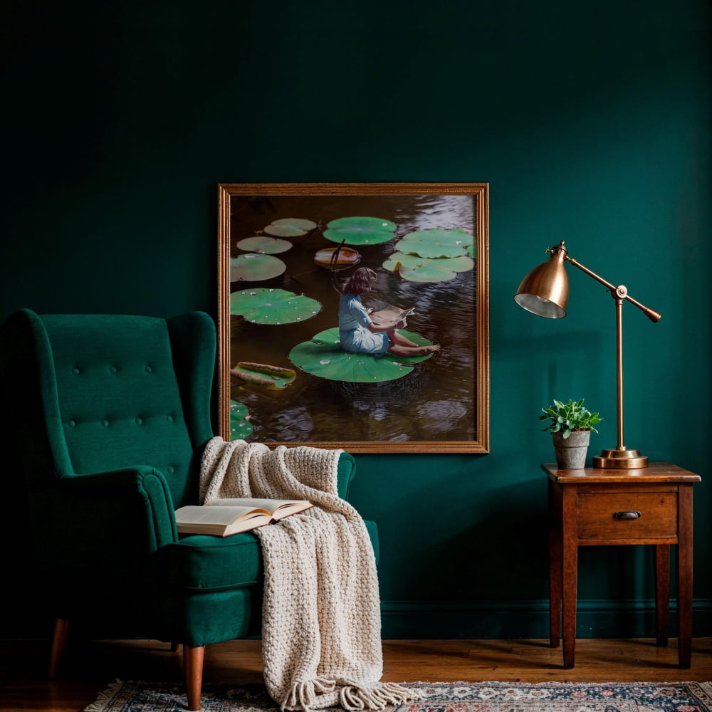 a cozy living room with a green armchair, a wooden side table, and a lamp. A framed painting of a woman sitting on a lily pad is hanging on the wall, and a plant is placed on the side table.