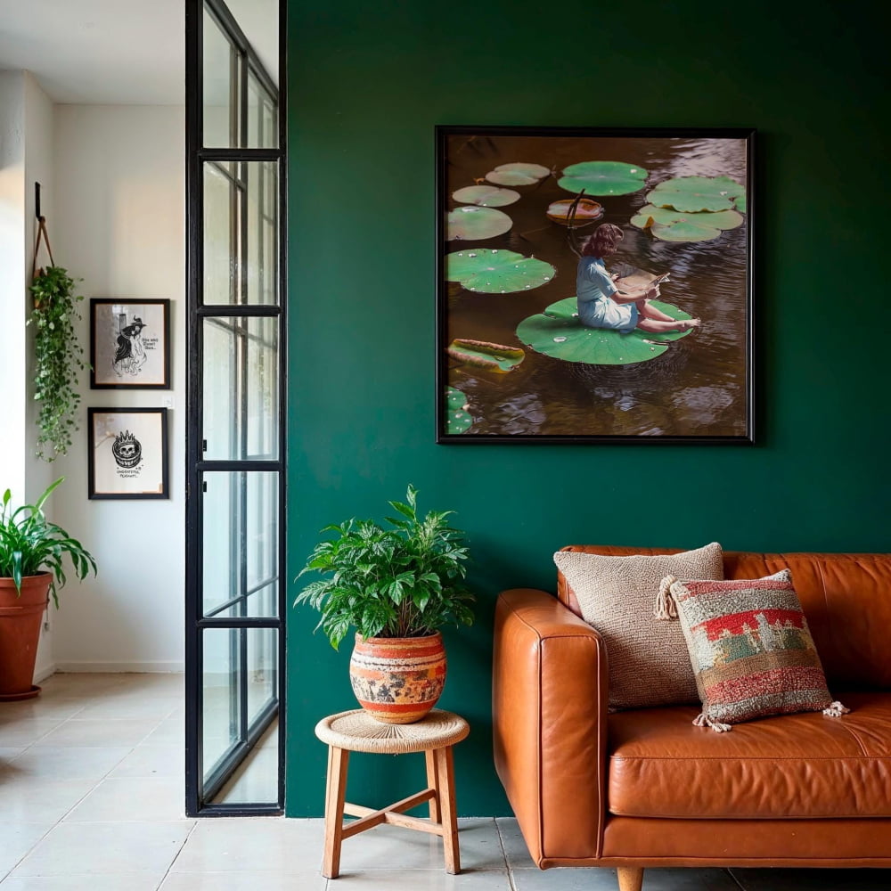 a cozy living room with a large painting of a person sitting on a lily pad above a brown leather couch. The room has a green wall, a wooden side table with a potted plant, and a large window with a black metal frame.