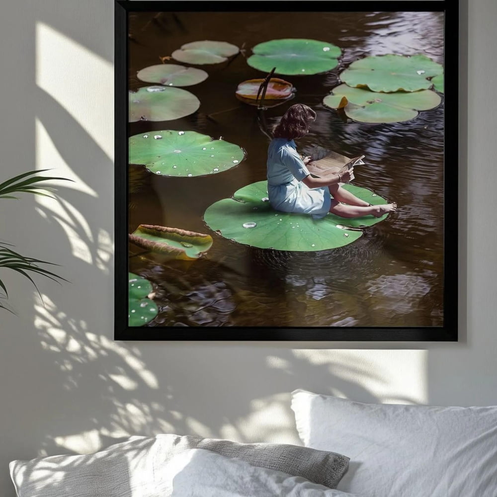 a serene scene of a person sitting on a lily pad in a pond, surrounded by green lily pads and a tranquil atmosphere.