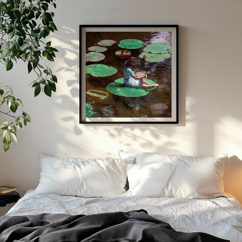 A framed photograph of a person sitting on a lily pad in a pond, surrounded by lily pads, is displayed on the wall above a bed with white pillows.
