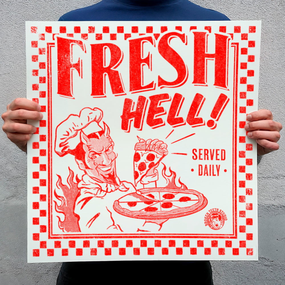 ’Fresh Hell’ Pizza Devil Poster | Mid-Century Modern