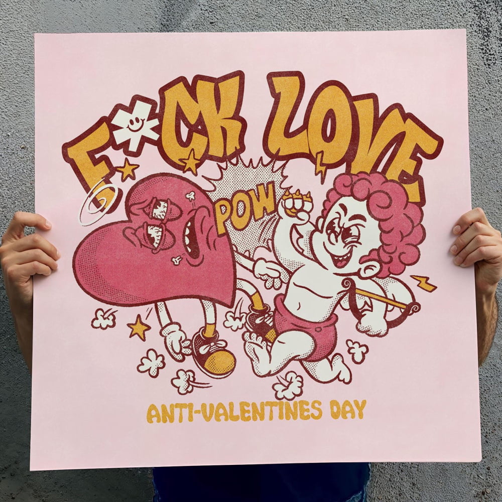 a person holding a pink poster with a cartoon illustration of a heart and a cupid character. The poster has a bold, graphic design with text and various elements, including a large "F" and the word "LOVE" prominently displayed.