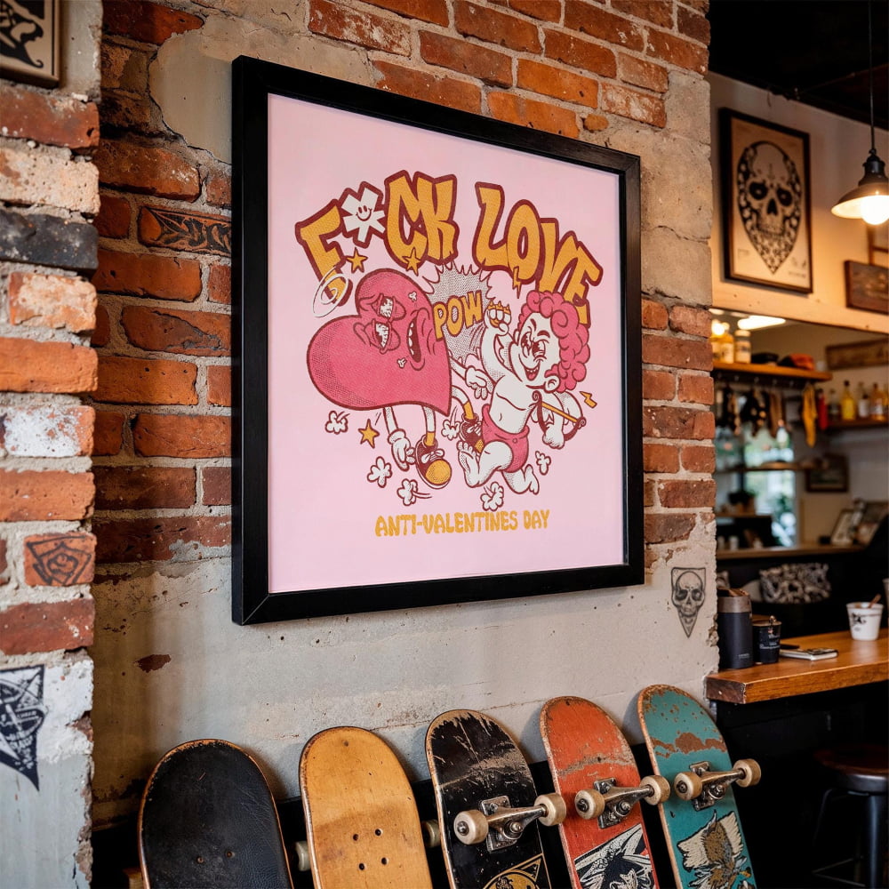 a framed poster with a cartoon illustration of a heart and a person with a pink hat, along with the text "F*CK LOVE" and "ANTI-VALENTIN'S DAY". The poster is displayed on a brick wall, and there are several skateboards leaning against the wall.