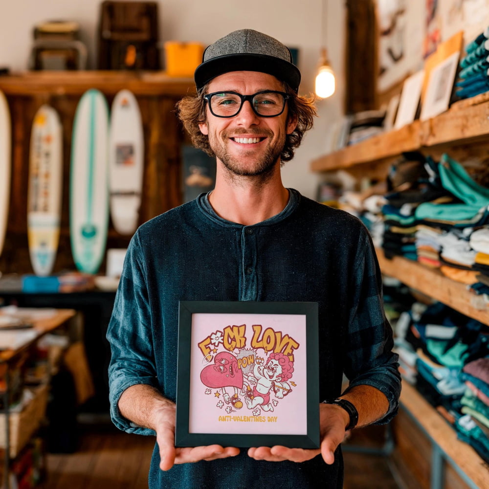 A man is holding a framed picture with a cartoon character and text on it, standing in a room with shelves of items in the background.