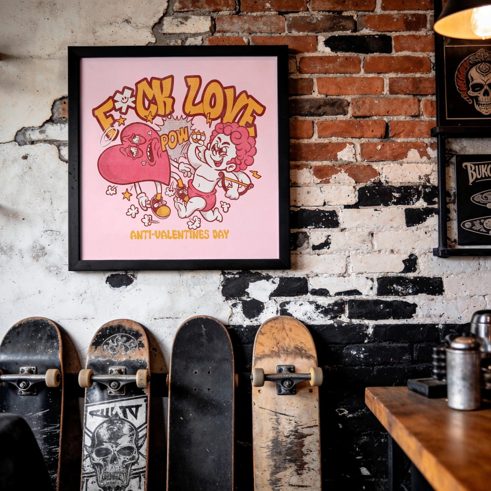 a wall with a framed poster that says "F*CK LOVE" and "ANTI-VALENTIANS DAY" below it. There are several skateboards leaning against the wall, including a black skateboard with a skull design and a wooden skateboard.
