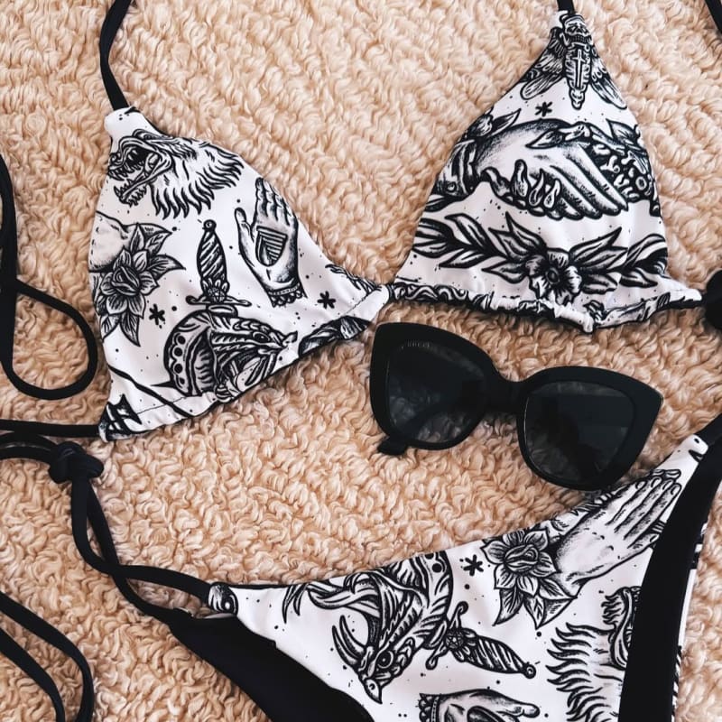 Full Set ’B&W Flash’ Tattoo Bikini - Death and Friends