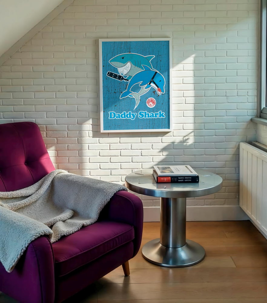 a cozy living room with a purple armchair, a round table with a book on it, and a framed poster of a blue shark with a surfboard on the wall.