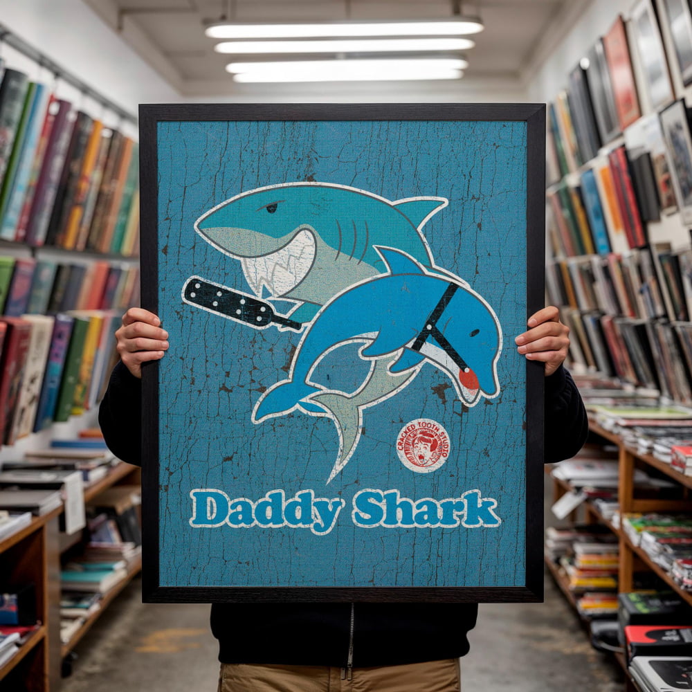 A person is holding up a framed poster featuring a blue shark and a dolphin, with the text "Daddy Shark" written below the shark.