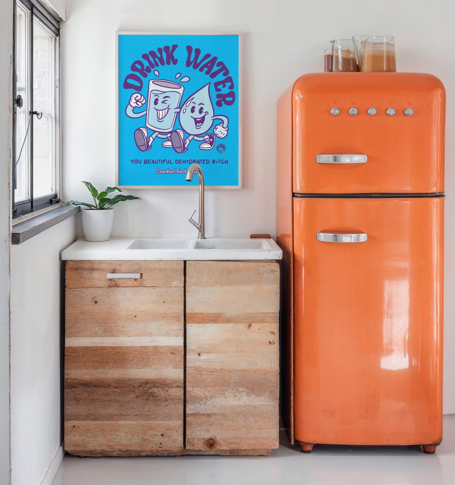 Funny Kitchen Print – Retro H2O Mascot | Drink Water Poster