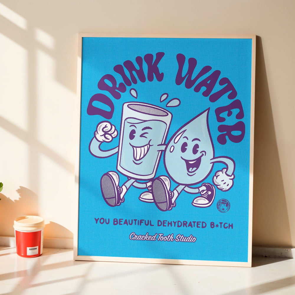 Funny Kitchen Print – Retro H2O Mascot | Drink Water Poster