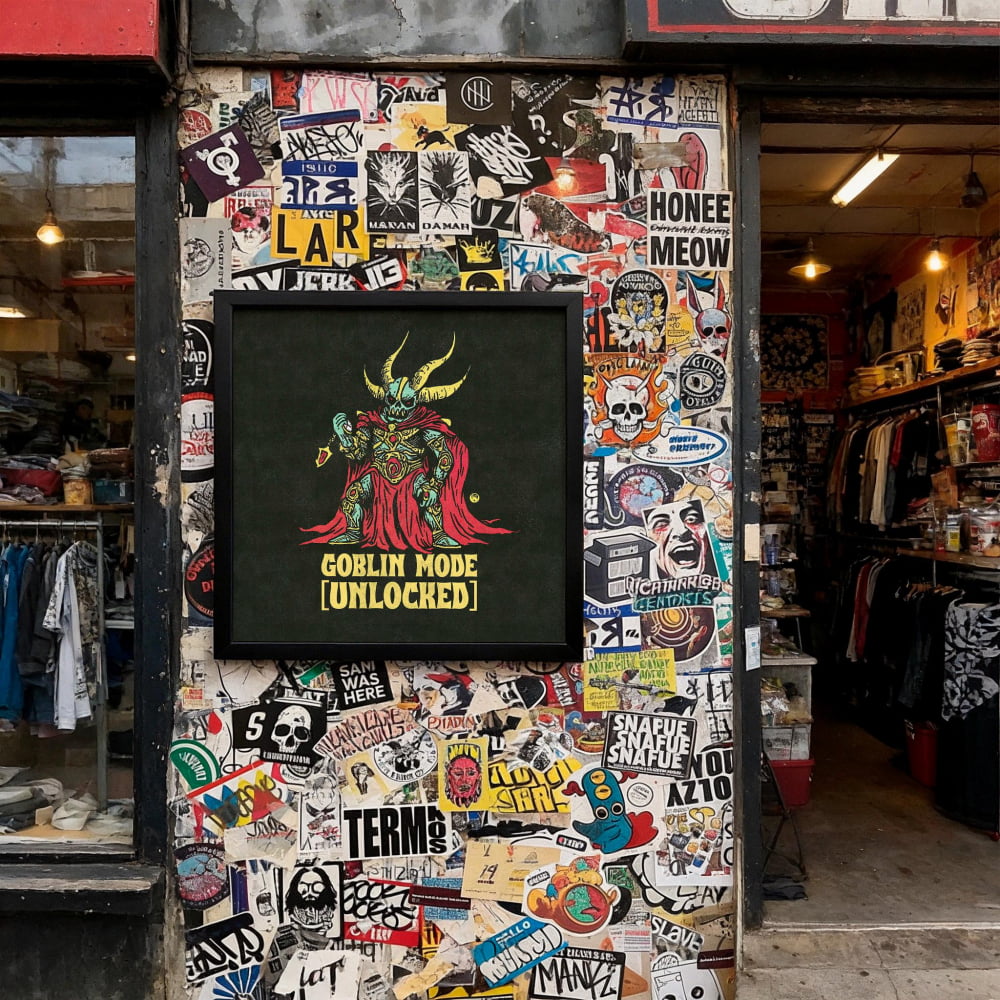 a wall covered in a collage of various stickers, posters, and graffiti, creating a visually busy and chaotic appearance.