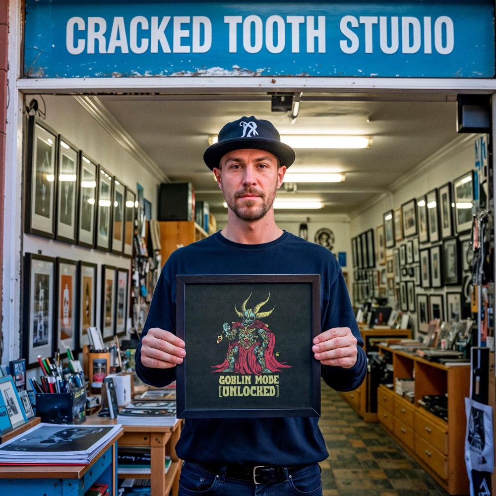 A man is standing in front of a store called "Cracked Tooth Studio" and holding up a framed artwork featuring a character with horns and a red cape.
