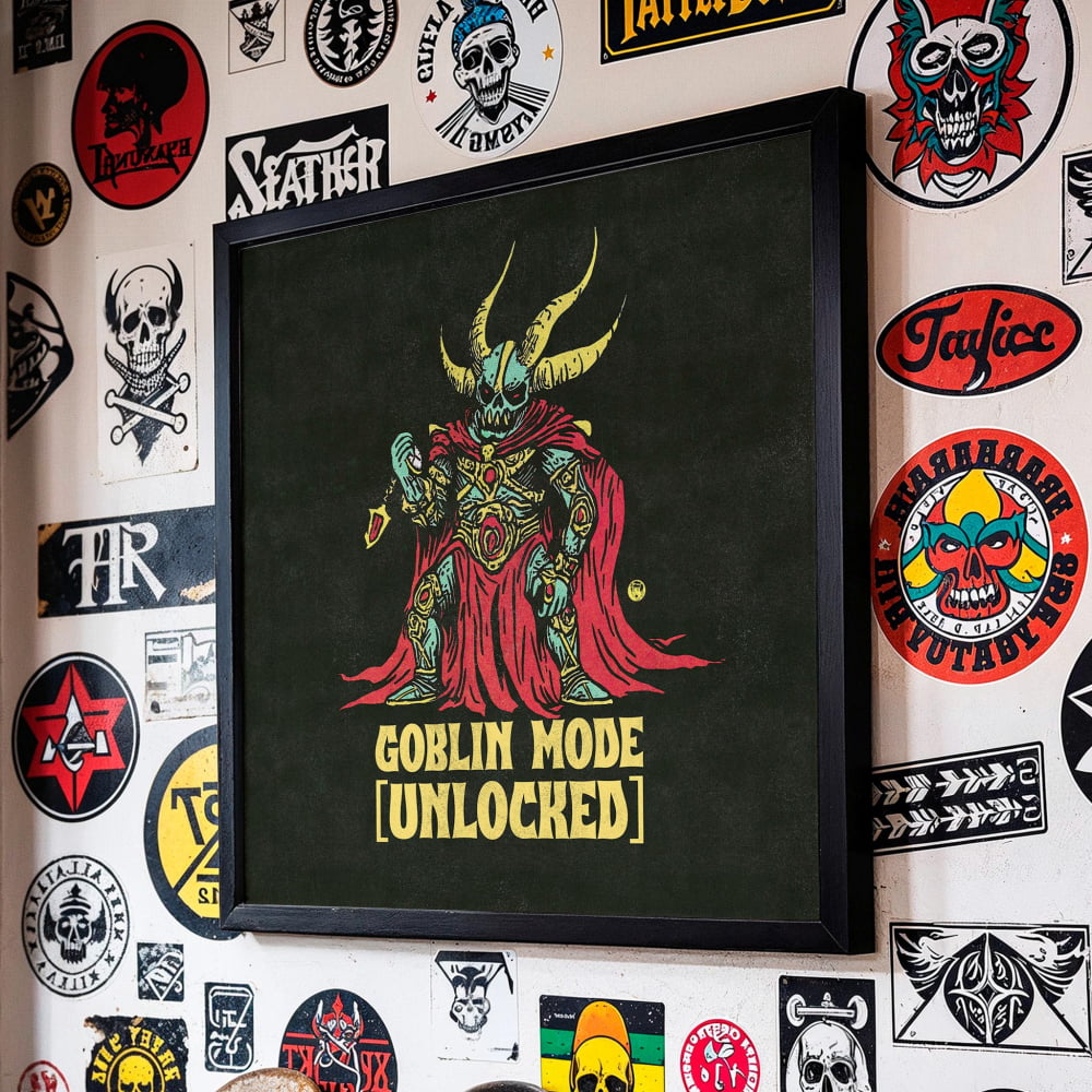 a wall adorned with a variety of stickers and patches, including a prominent black and white sticker with the text "GOBlin mode (UNLOCKED)" in the center.