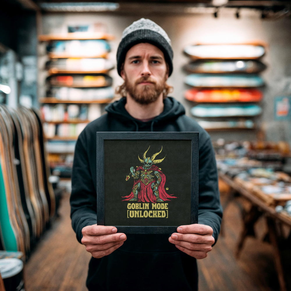 A man is holding a framed artwork featuring a graphic of a character with horns and a red cape, which appears to be a graphic novel or comic book cover.