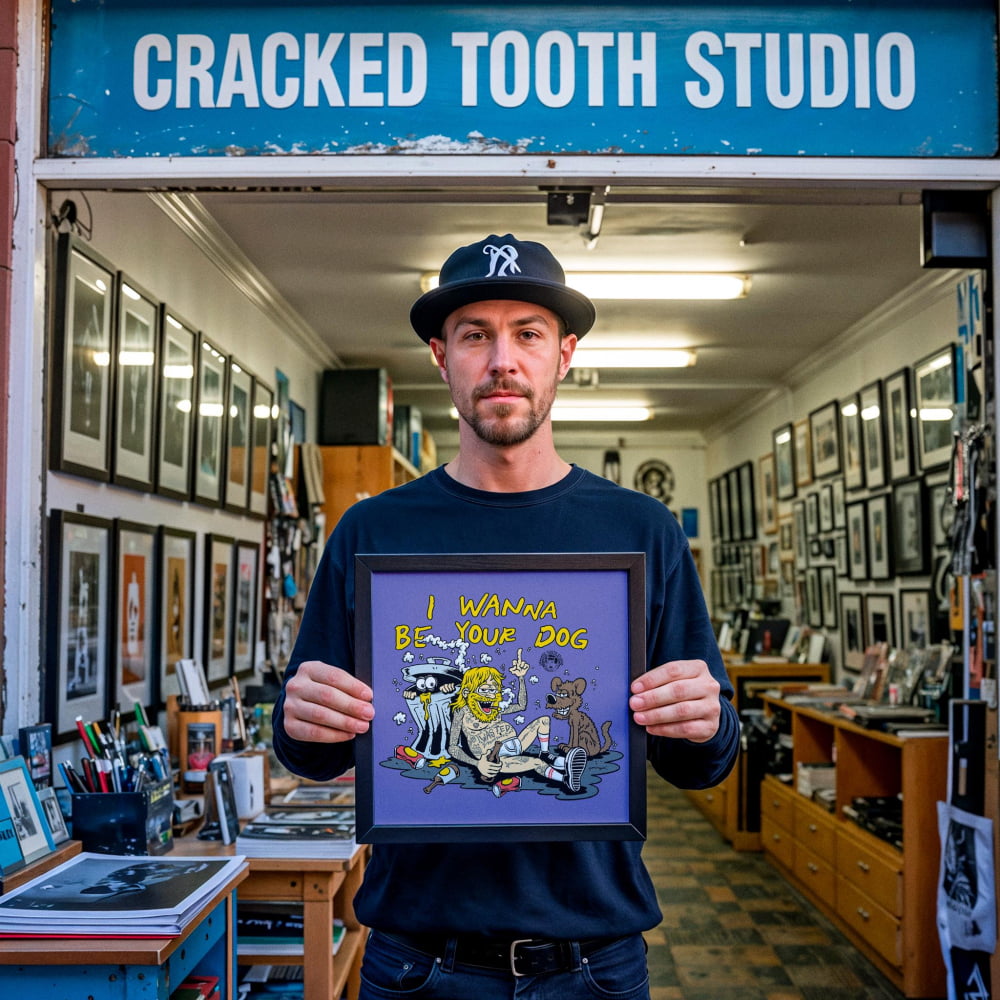 A man is standing in front of a store called "Cracked Tooth Studio" and holding up a framed cartoon image of a dog.
