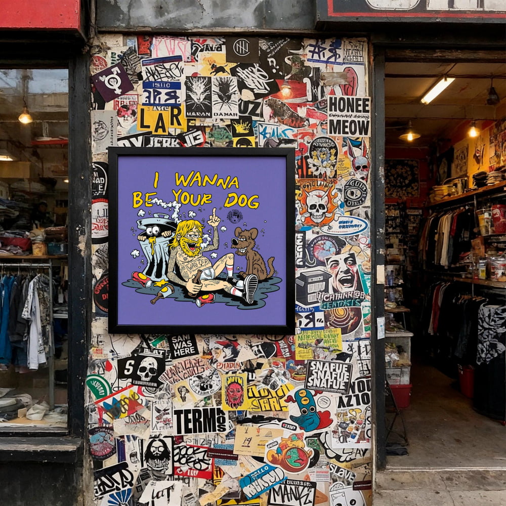 a wall covered in a collage of various stickers, posters, and graffiti, creating a visually busy and eclectic appearance.