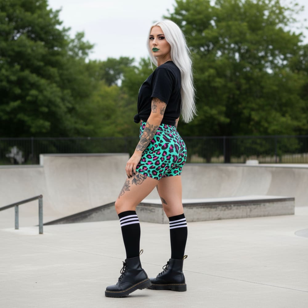 Leopard Teal & Pink Punk Yoga Shorts - Death and Friends