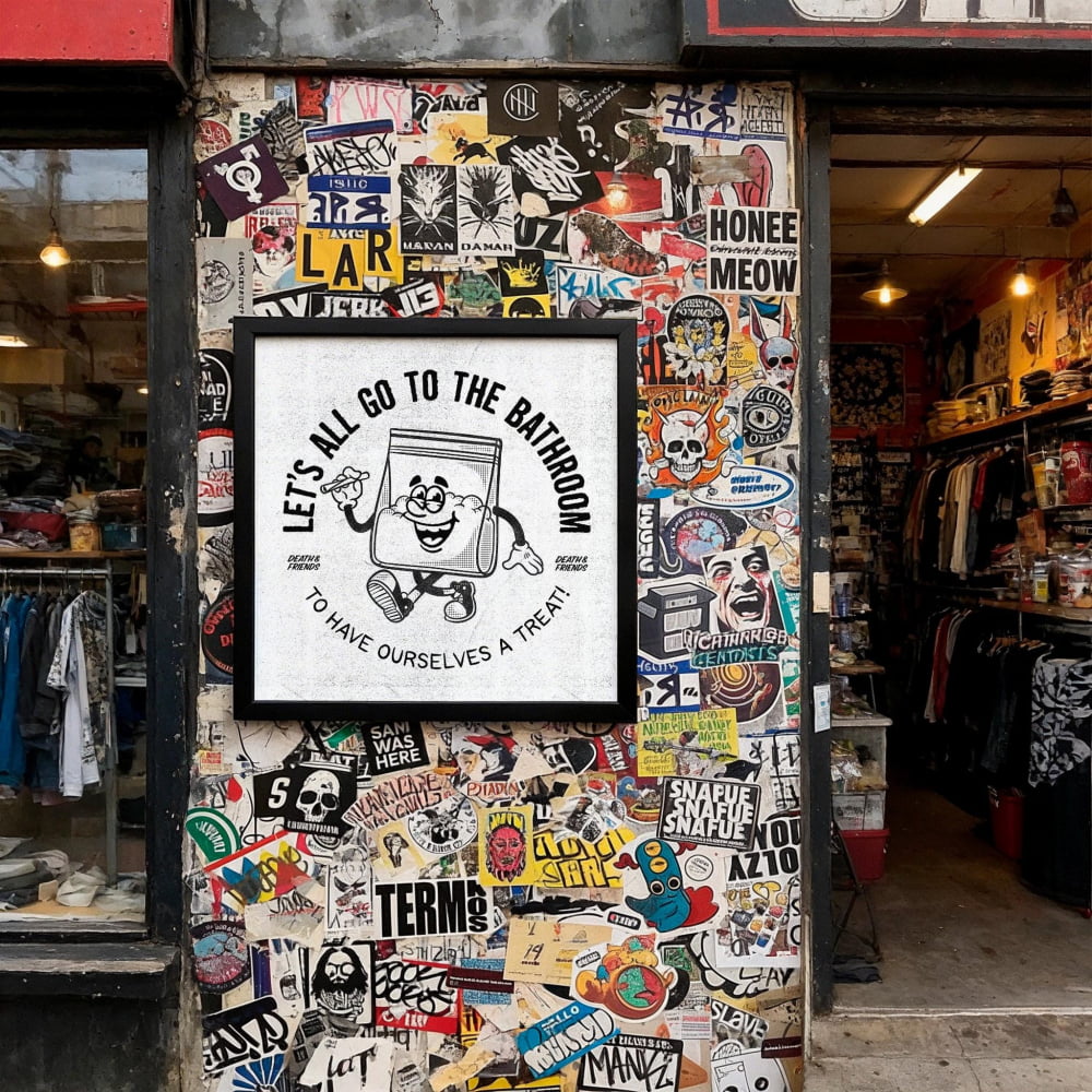 The image is a wall covered in a collage of various stickers, posters, and graffiti, creating a visually busy and chaotic appearance.