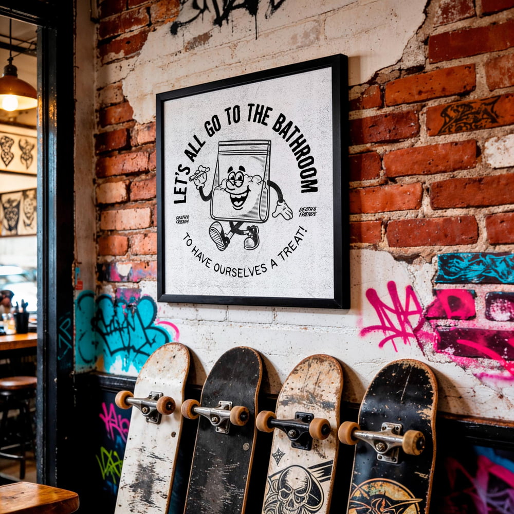 A framed cartoon image of a skateboard with the text "Let's all go to the bathroom" and a humorous caption below it, displayed on a wall with graffiti and a brick wall.