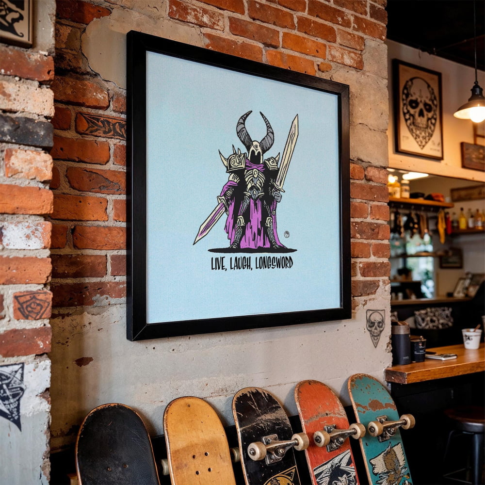 a framed illustration of a character with horns and a purple outfit, holding a sword, mounted on a brick wall. Below the illustration, there is text that reads "LIVE I LONGBY".