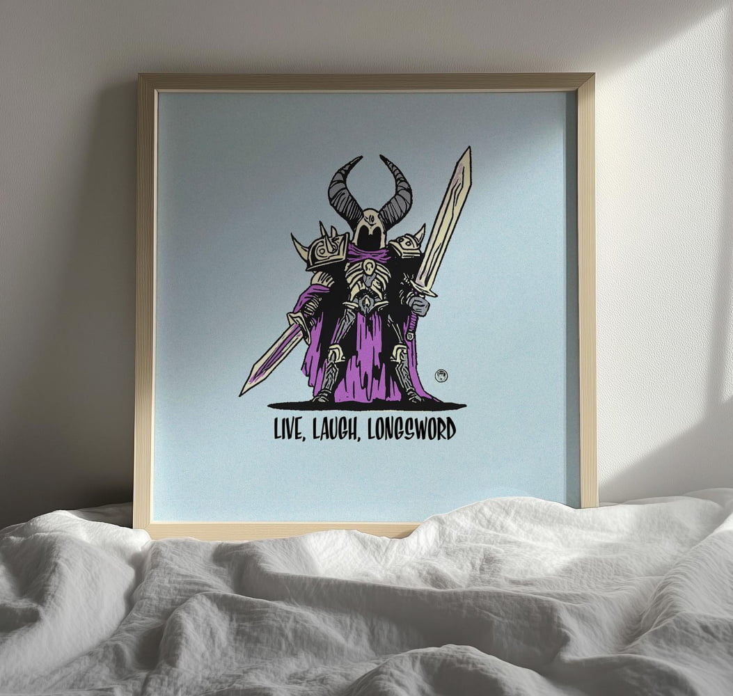 a framed illustration of a character with horns and a purple outfit, holding a sword and accompanied by the text "Live, Laugh, Longboarder".