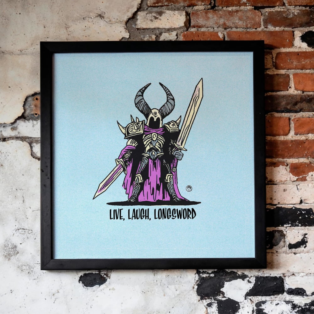a framed illustration of a character with horns and a sword, mounted on a brick wall. Below the illustration, there is a phrase that reads "Live, Laugh, Longwood".
