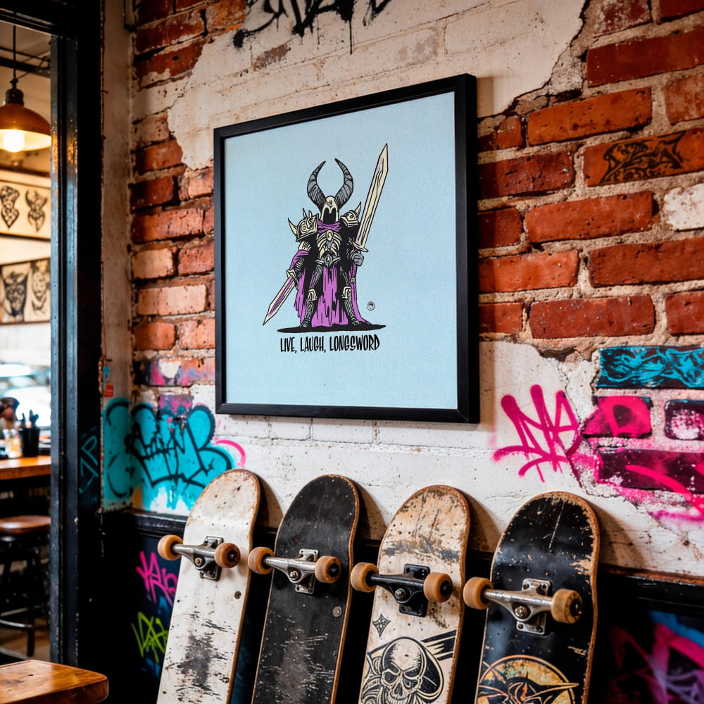 a wall with a framed illustration of a character holding a sword, surrounded by a row of skateboards.