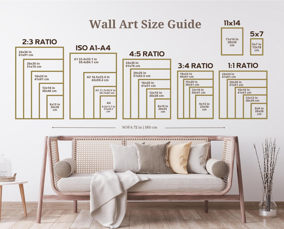 The image is a wall art size guide that provides dimensions for different art sizes, including 2:3, 4:5, 3:4, and 1:1 ratio. The guide is displayed on a wall with a couch and decorative elements, such as a vase and a potted plant, in the background.