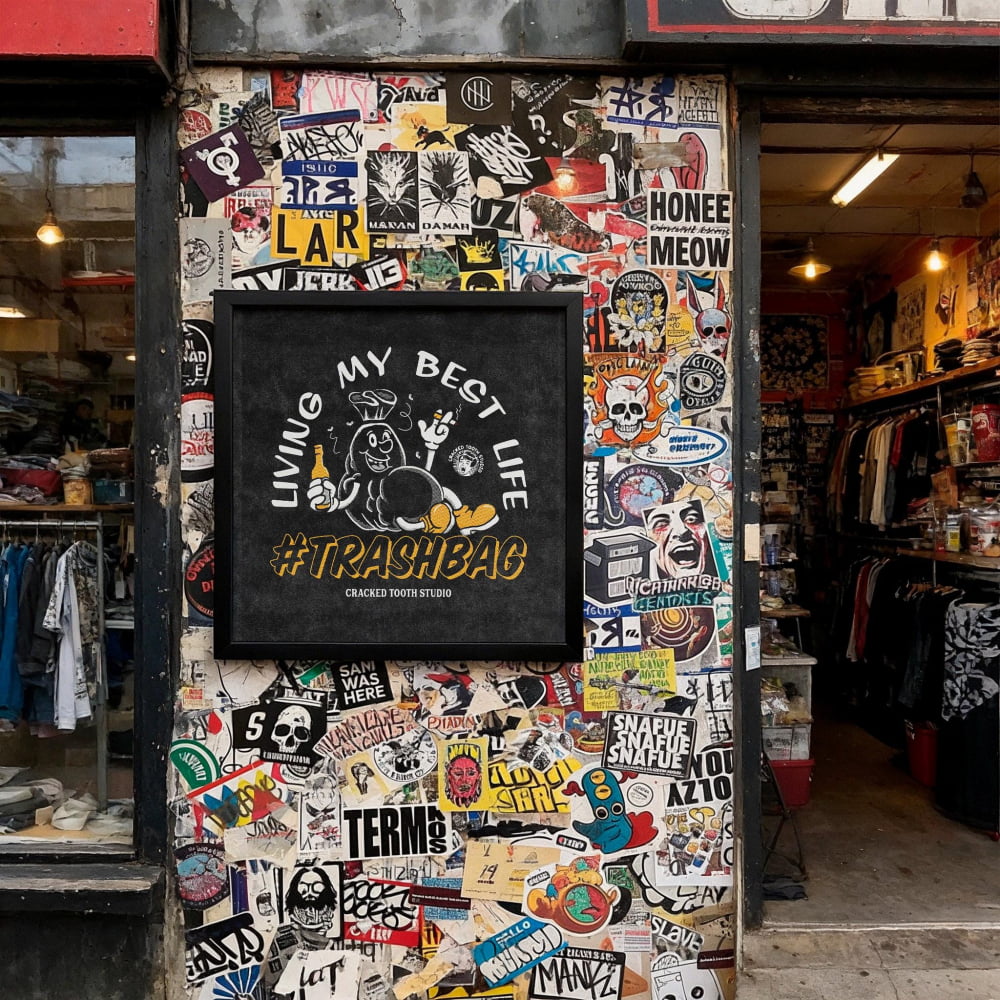 The image is a wall covered in a collage of various stickers, posters, and graffiti, creating a visually busy and eclectic appearance.