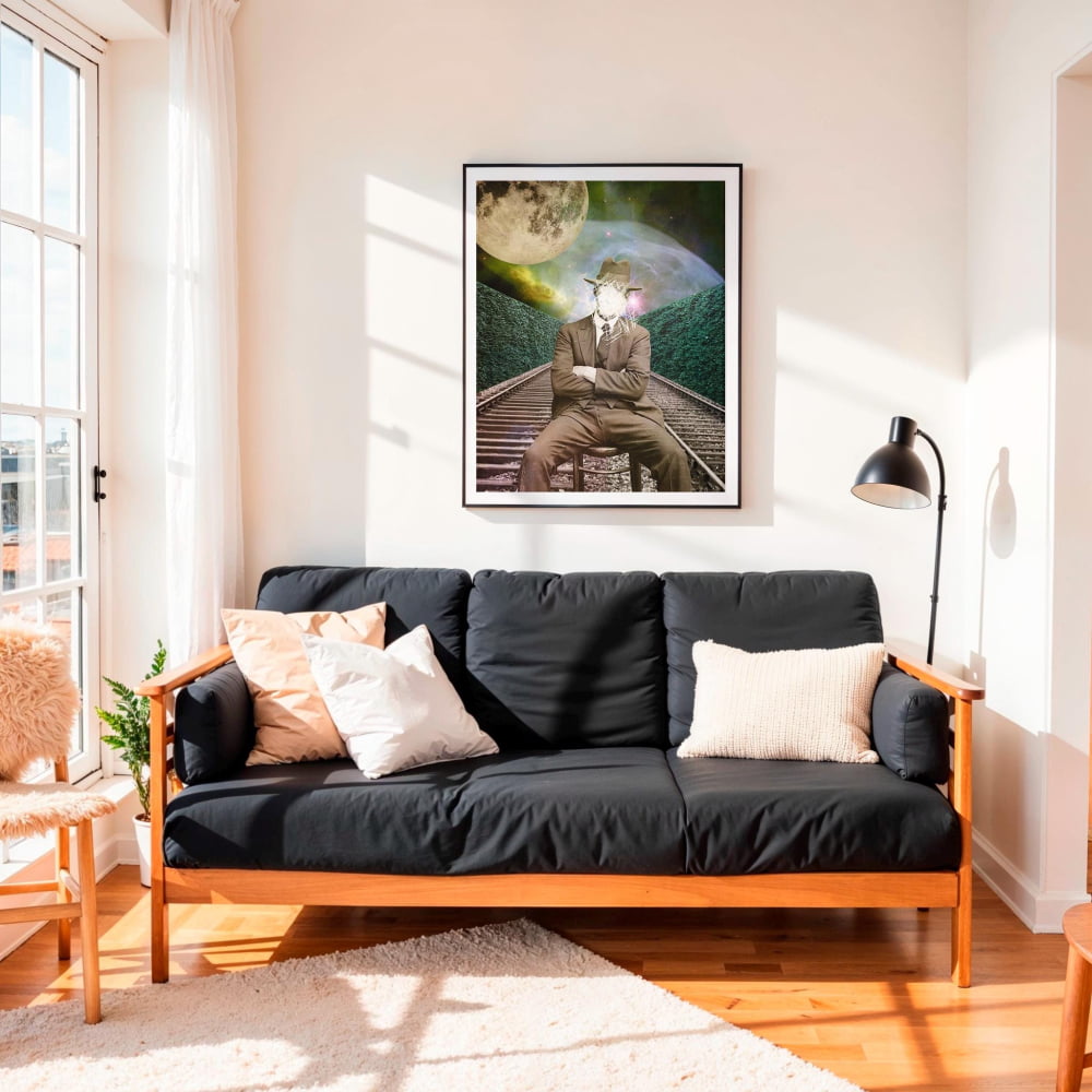 a cozy living room with a black futon couch adorned with white and beige pillows. Above the couch, a framed artwork of a man in a suit and hat is displayed on the wall. The room is bright and airy, with natural light streaming in from a large window. A lamp is positioned on the right side of the couch, and a rug covers the wooden floor.