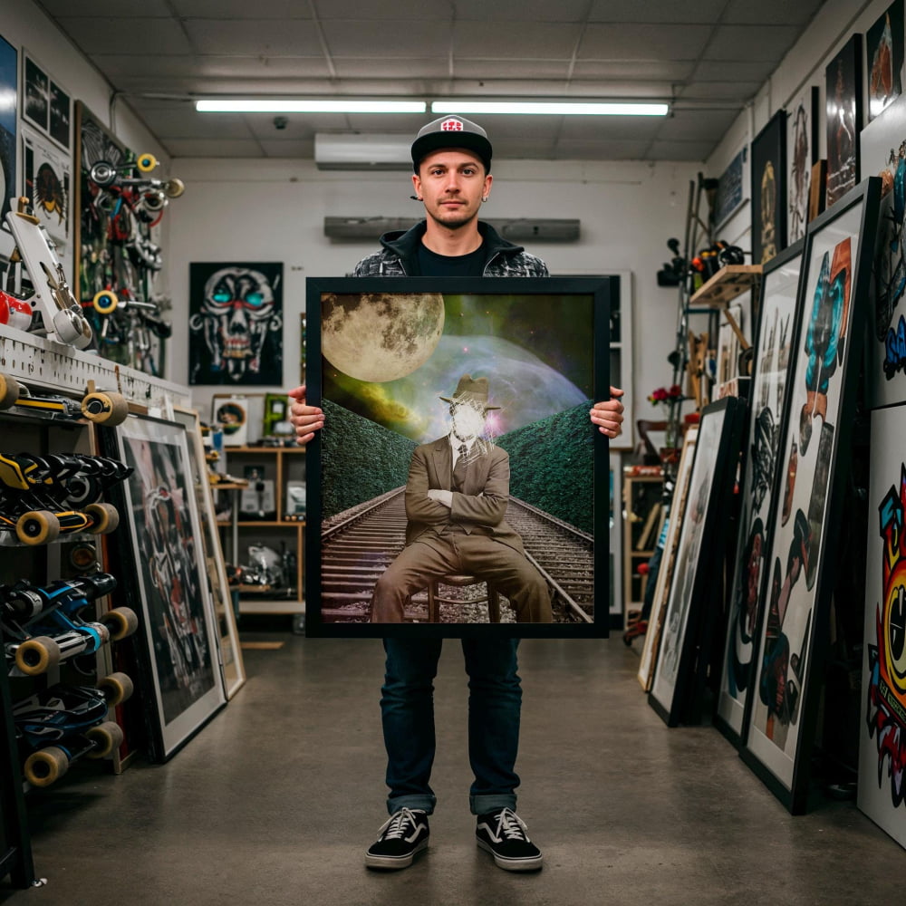 A man is holding a large framed artwork in a room filled with various artworks and skateboards.