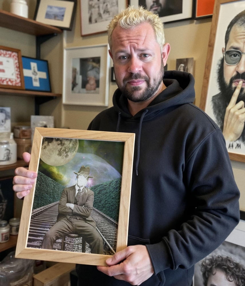 A man in a black hoodie holds a framed picture of a man sitting on a train, with a surreal landscape in the background.