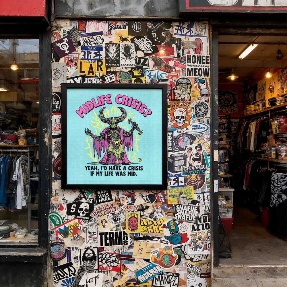 a wall covered in a collage of various stickers, posters, and graffiti, creating a visually busy and chaotic appearance.