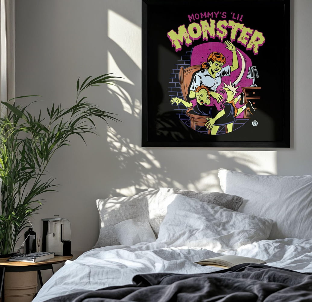 a bedroom scene with a bed, a nightstand, and a framed poster on the wall. The poster depicts a cartoon character, likely a mother's "lil monster", with a child.