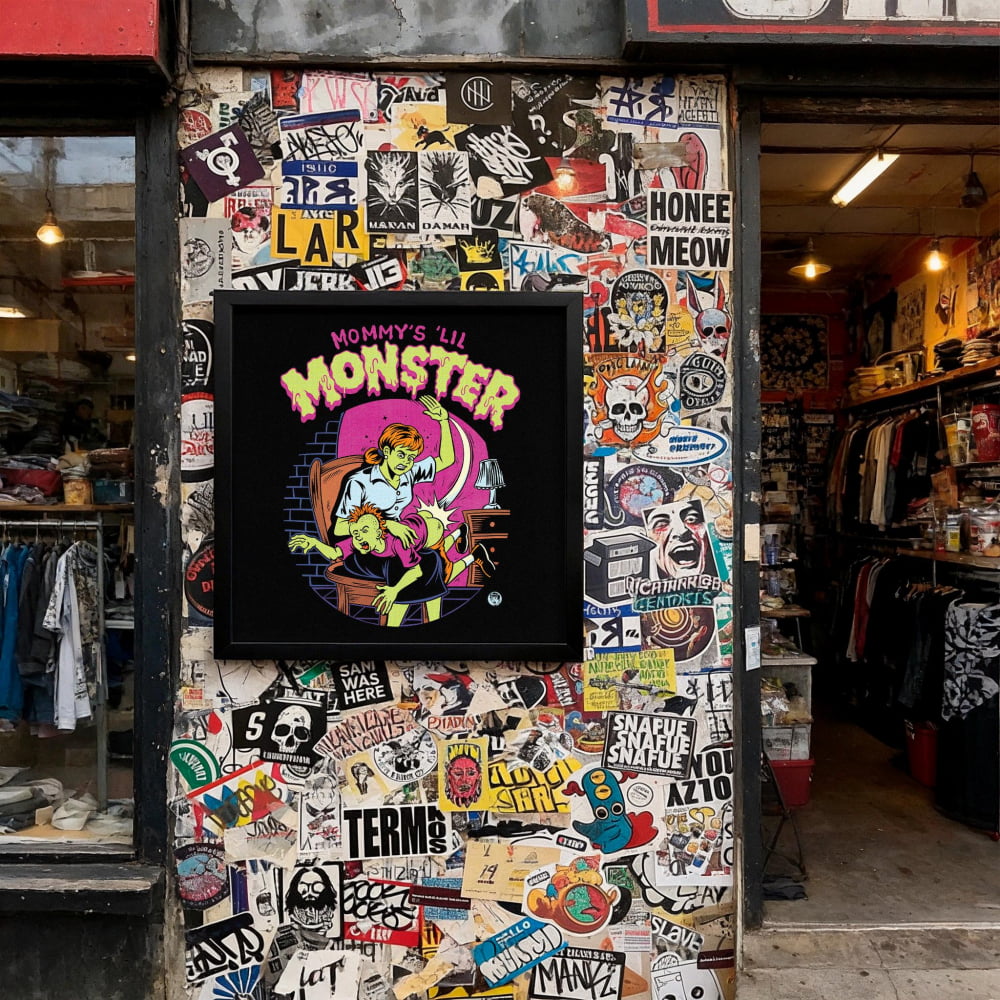 a wall covered in a collage of various stickers, posters, and graffiti, creating a visually busy and chaotic appearance.