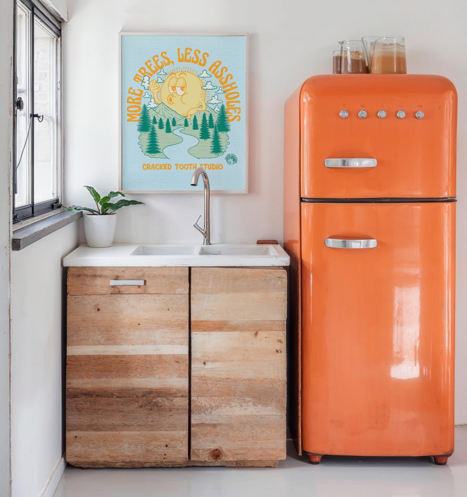 a kitchen with a vintage orange retro refrigerator, a white sink, and a wooden cabinet. Above the sink is a framed poster with a cartoon character and the text "More trees, less trash".