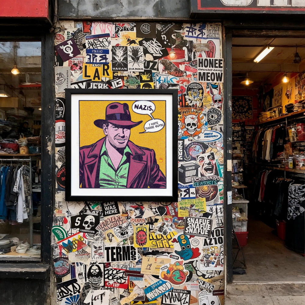 a wall covered in a collage of various stickers, posters, and graffiti, including a framed illustration of a man wearing a fedora.