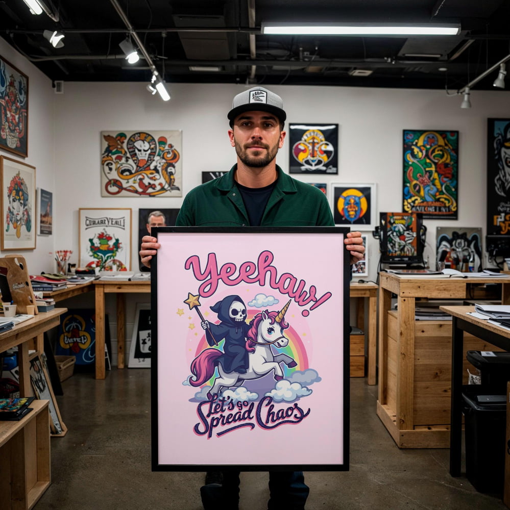 A man is holding up a framed poster with a cartoon-style illustration of a skeleton riding a unicorn, with the text "Yeehaw! Let's Spread Chaos" written on it.