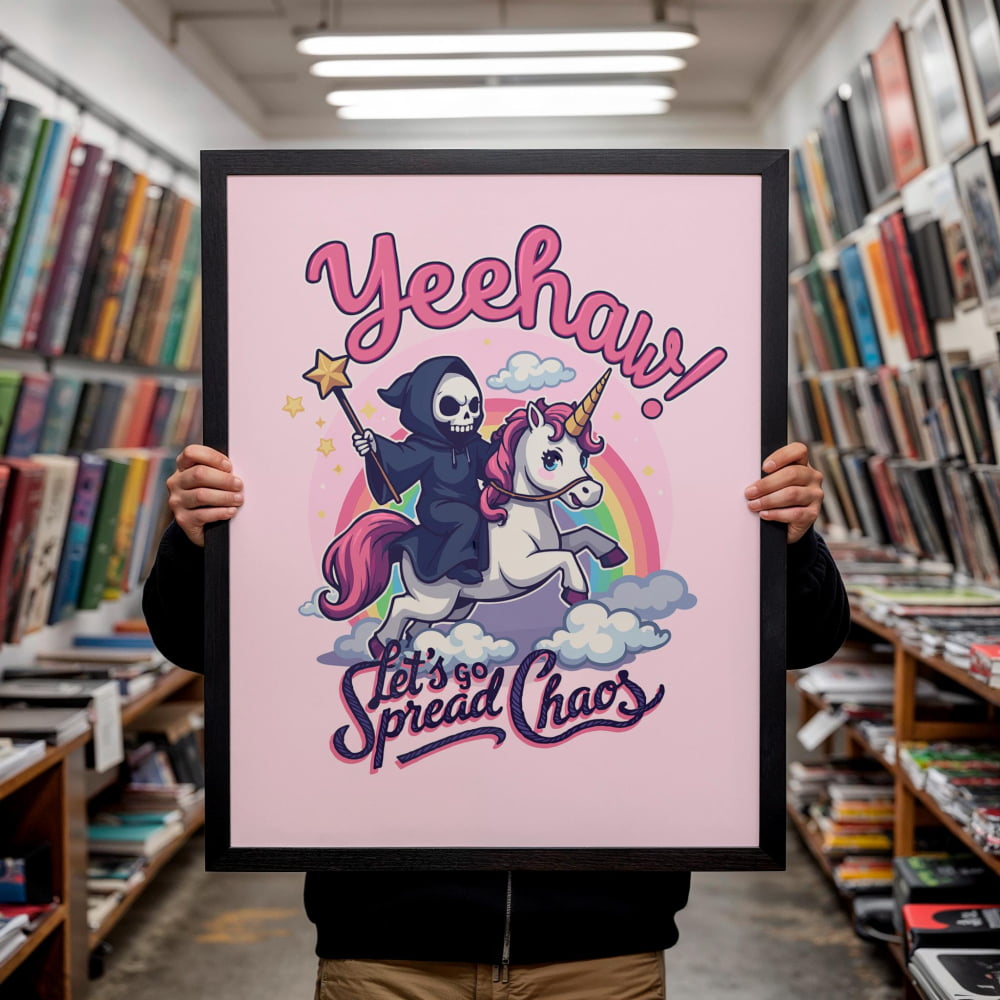 A person is holding up a framed poster with a cartoon illustration of a skeleton riding a unicorn, with the text "Yeehaw! Let's go Spread Chaos!"