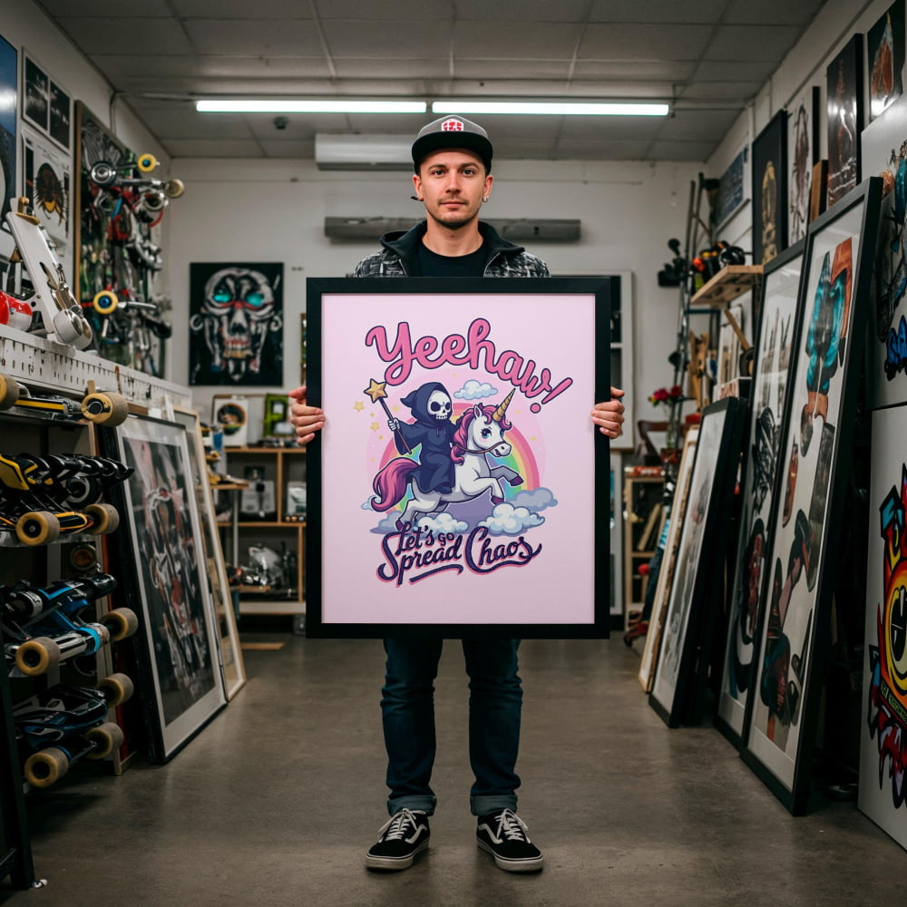 A man is holding a framed poster with a cartoon-style illustration of a skeleton riding a unicorn, with the text "Yeehaw! Let's Spread Chaos" on it.