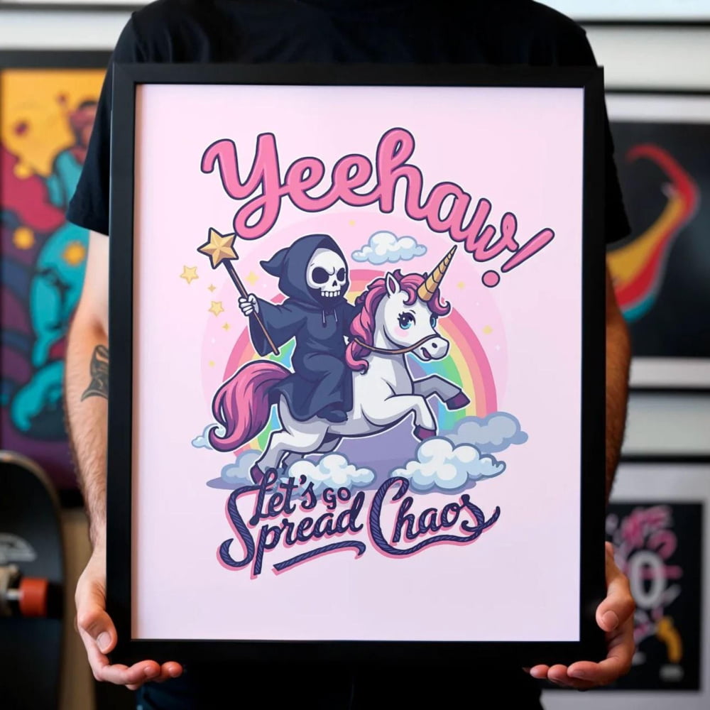 A man is holding a framed poster with a cartoon-style illustration of a skeleton riding a unicorn, with the text "Yeehaw! Let's spread chaos!" The poster is surrounded by various other framed images on the wall.