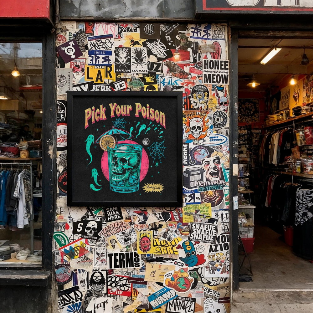 The image is a wall covered in a collage of various stickers, posters, and graffiti, creating a visually busy and eclectic appearance.