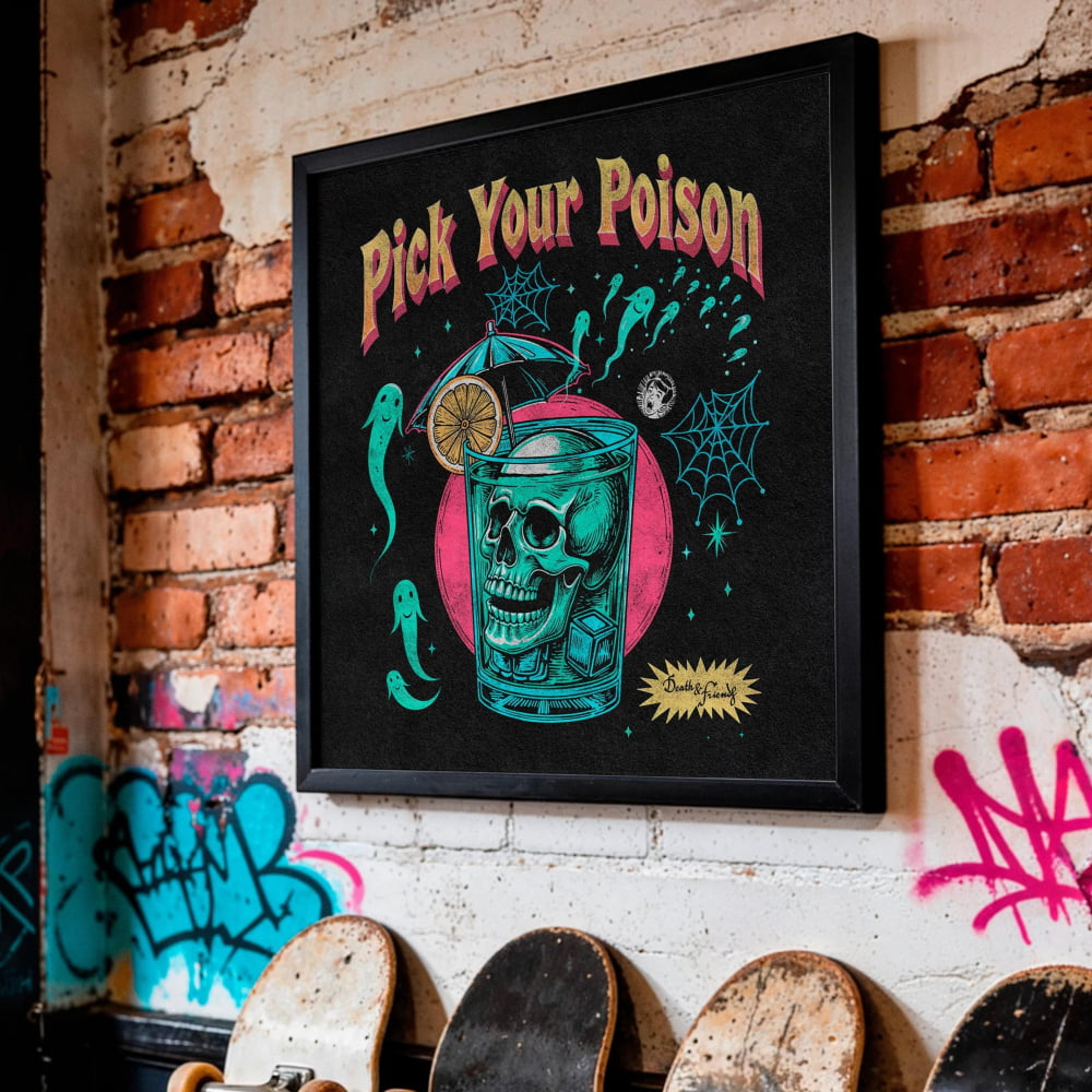 a wall with a framed poster that says "Pick Your Poison" and a row of skateboards leaning against the wall.