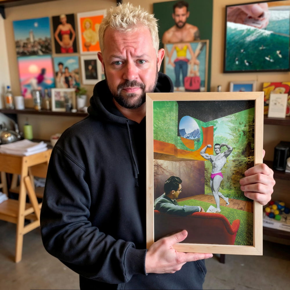 A man with a beard and mustache is holding a framed picture of a man in a red shirt and pink pants, who appears to be flexing his muscles. The man is standing in a room with various objects and artwork on the walls behind him.