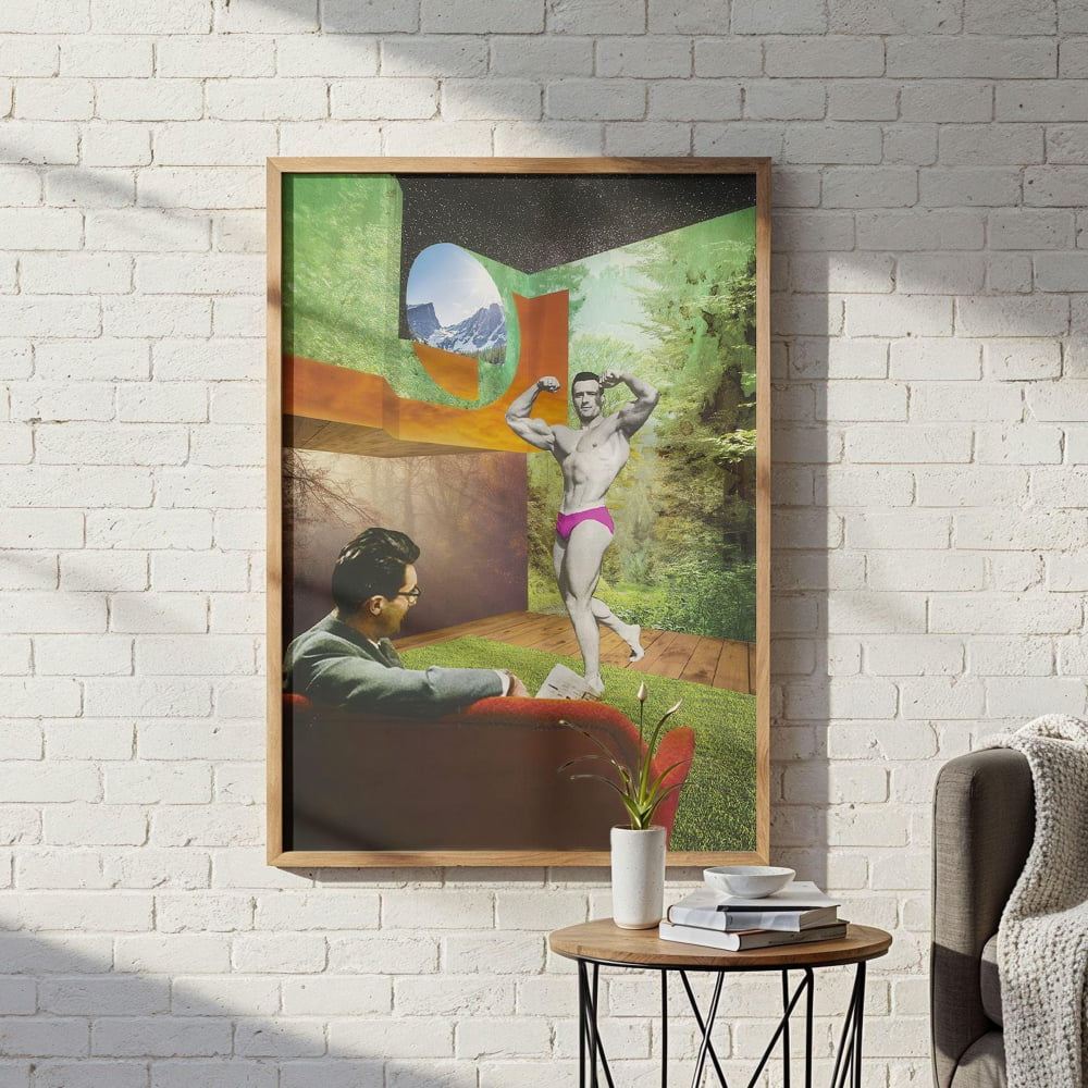 The image is a framed collage depicting a man in a bikini and a man sitting on a couch, with a potted plant and books on a small table in the foreground.