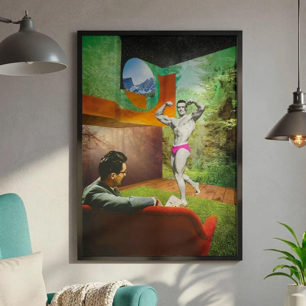 a cozy living room with a blue armchair, a wooden side table, and a framed painting of a man sitting on a couch. The room is illuminated by natural light from a window, and there are potted plants and books adding to the warm and inviting atmosphere.