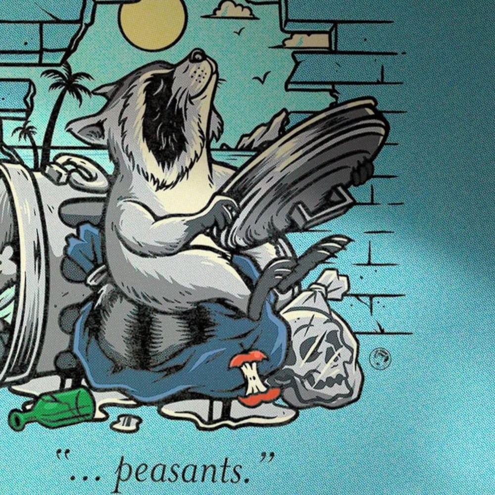 a raccoon sitting on a bed and playing with a toy, surrounded by various objects such as a clock, a bottle, and a skull.