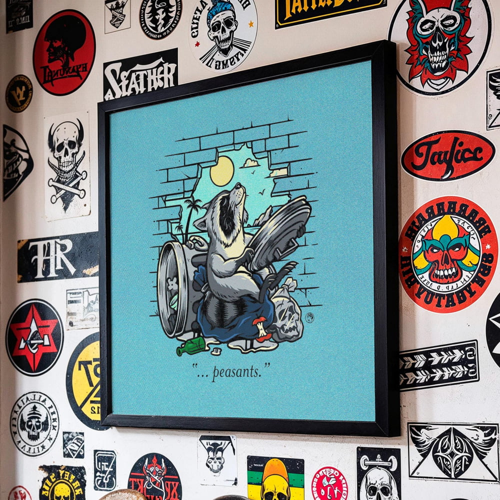 a wall adorned with a variety of stickers, patches, and graffiti, including a framed illustration of a raccoon sitting on a brick wall with a skull and crossbones symbol above it.